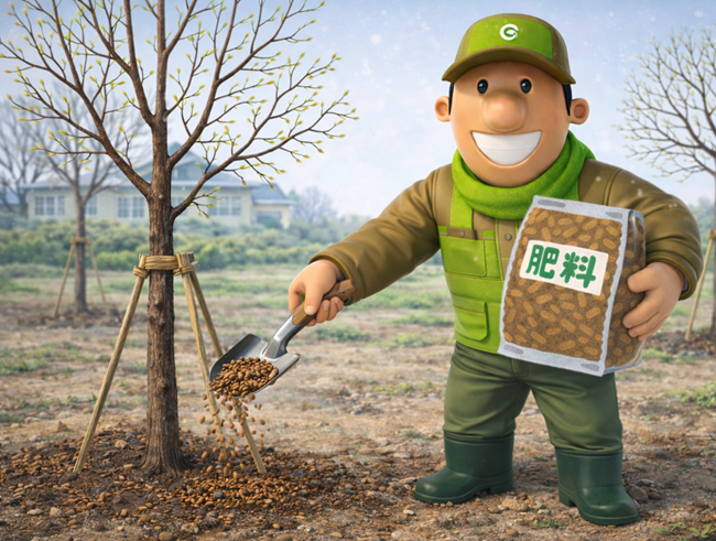 冬の庭木に肥料を与えるメイト君